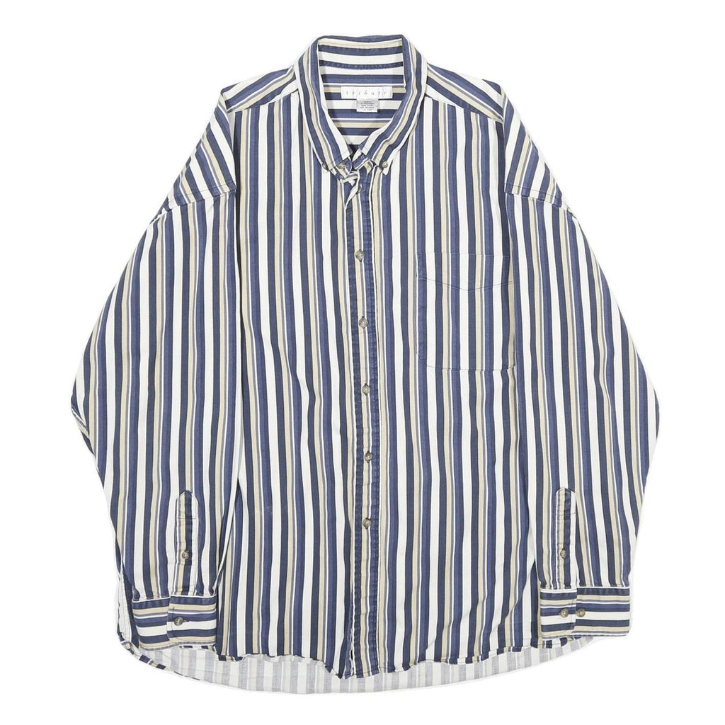 TRIBUTE Mens Blue Beige Stripe Shirt XL Cotton Long Sleeve Casual Buttoned