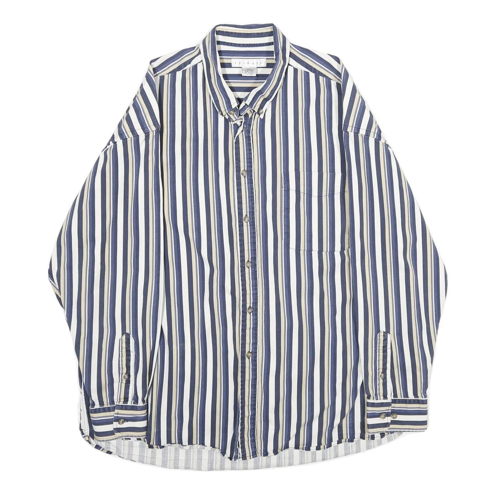 TRIBUTE Mens Blue Beige Stripe Shirt XL Cotton Long Sleeve Casual Buttoned