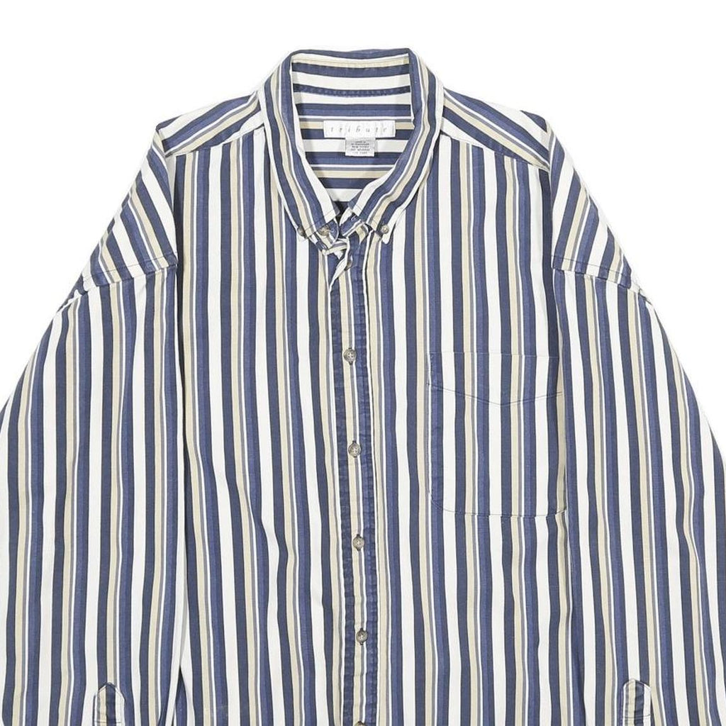 TRIBUTE Mens Blue Beige Stripe Shirt XL Cotton Long Sleeve Casual Buttoned