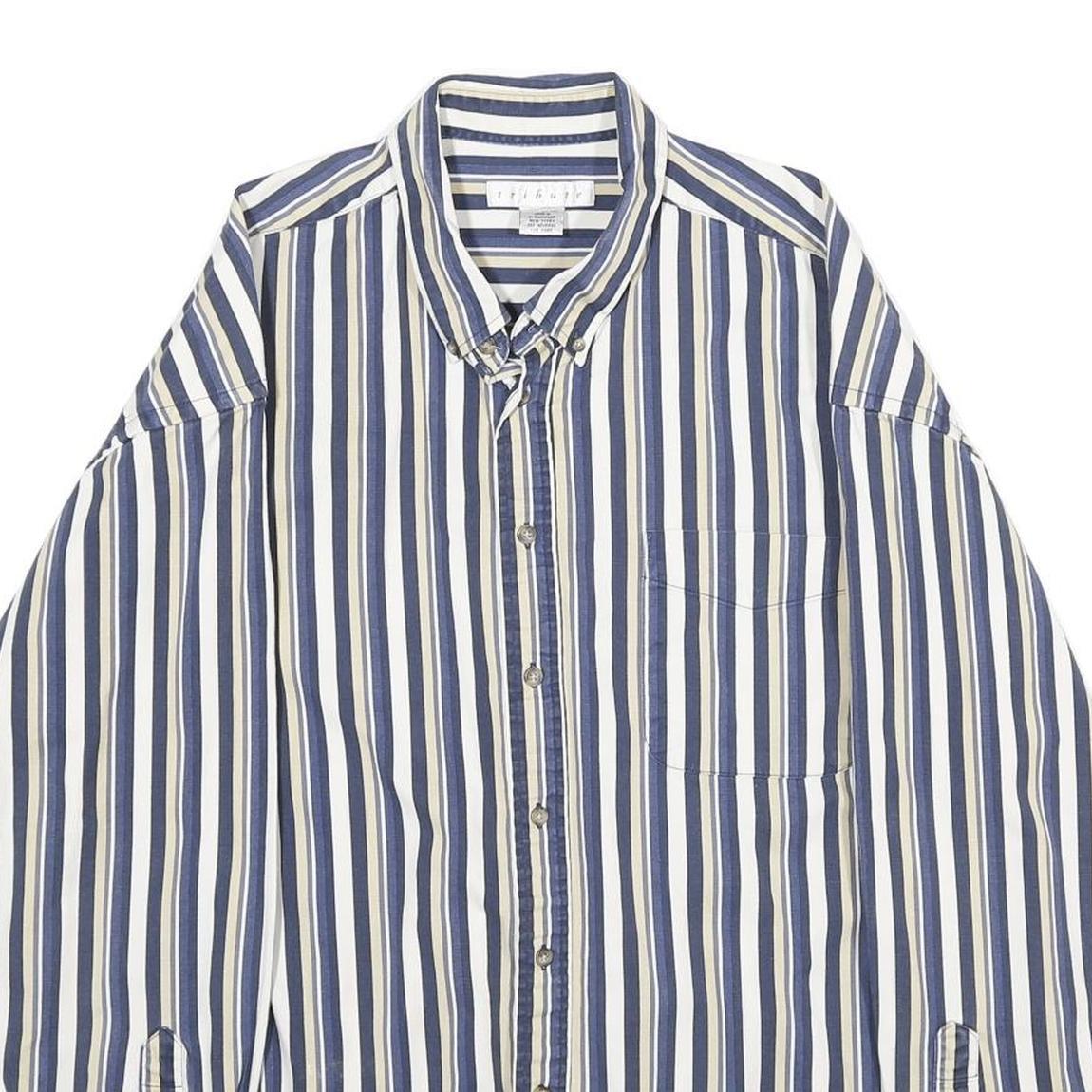 TRIBUTE Mens Blue Beige Stripe Shirt XL Cotton Long Sleeve Casual Buttoned