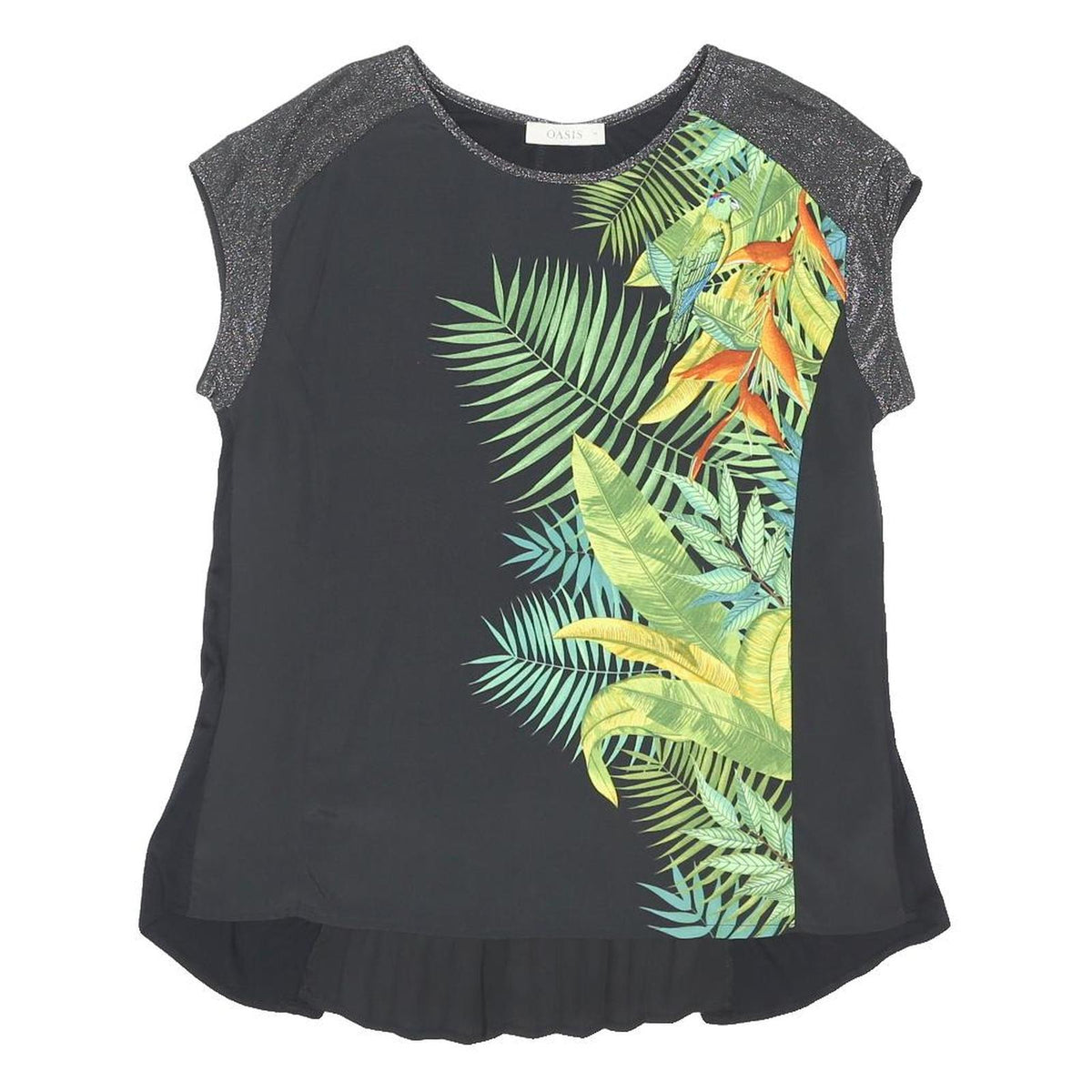 OASIS Womens Black Green Tropical Print Top Sleeveless Round Neck M Glitter Trim
