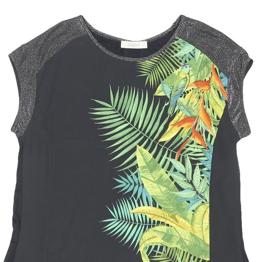 OASIS Womens Black Green Tropical Print Top Sleeveless Round Neck M Glitter Trim