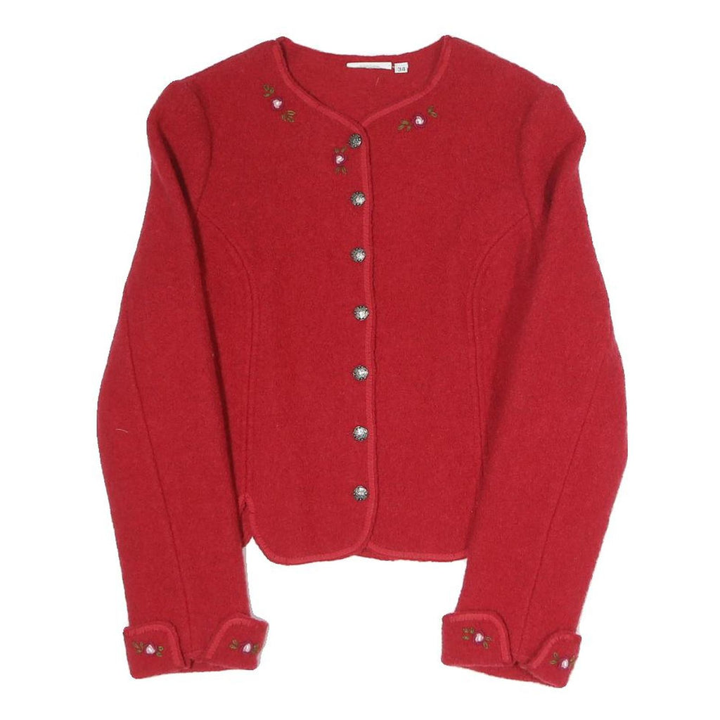 Womens Red Button Jacket S Polyester Blend Plain Elegant Floral Embroidery