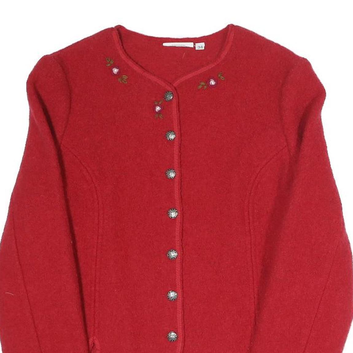 Womens Red Button Jacket S Polyester Blend Plain Elegant Floral Embroidery