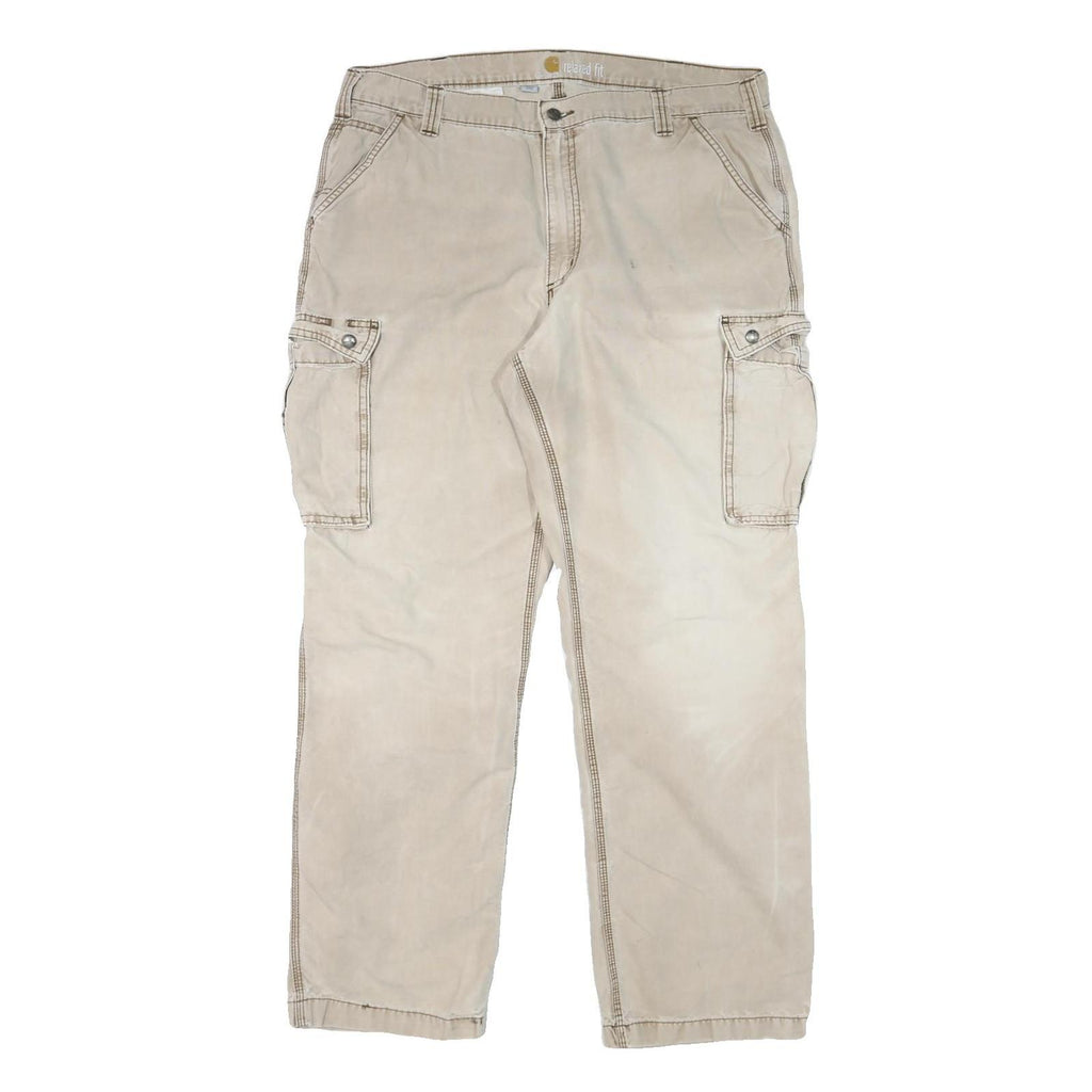 CARHARTT Mens Cotton Blend Beige Relaxed Cargo Trousers W39 L32 Workwear Zip