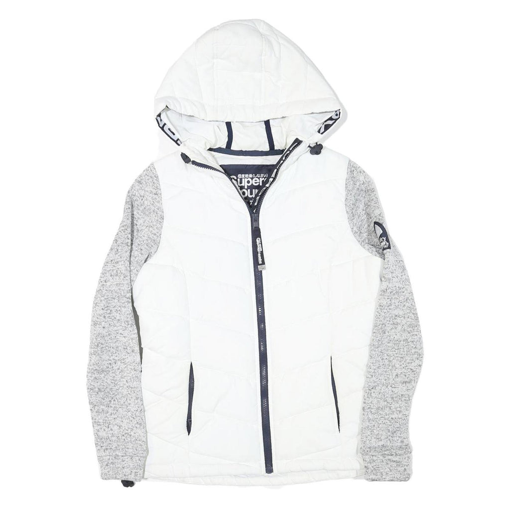 SUPERDRY Womens White & Grey Hooded Jacket XS Polyester Blend Zip Casual