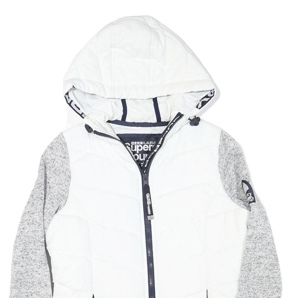 SUPERDRY Womens White & Grey Hooded Jacket XS Polyester Blend Zip Casual