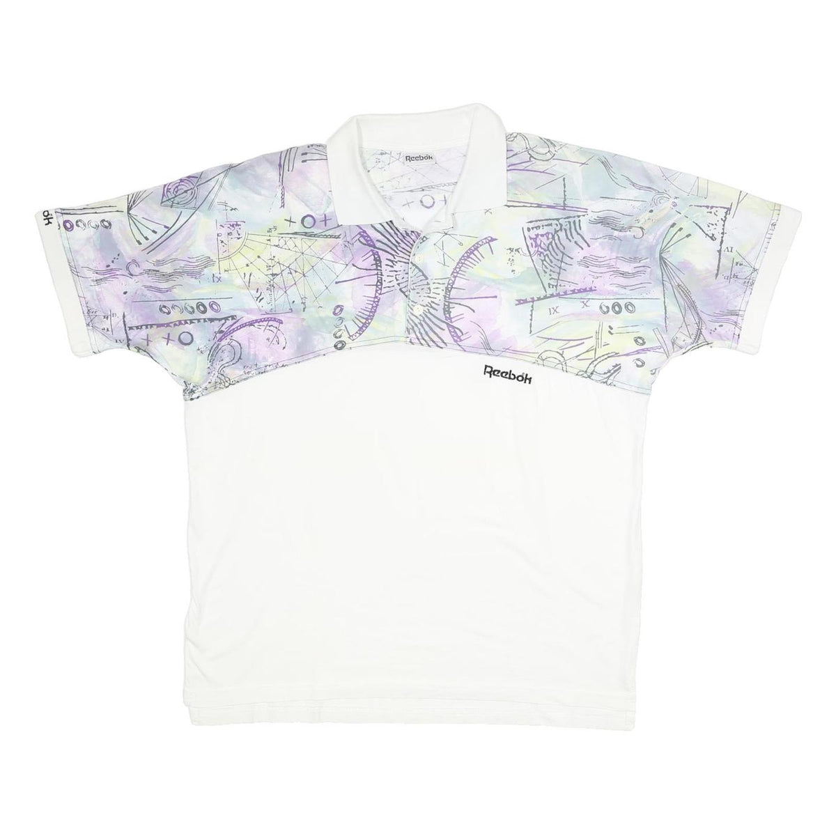 REEBOK Mens White & Purple Abstract Print Short Sleeve Polo Shirt XL Cotton