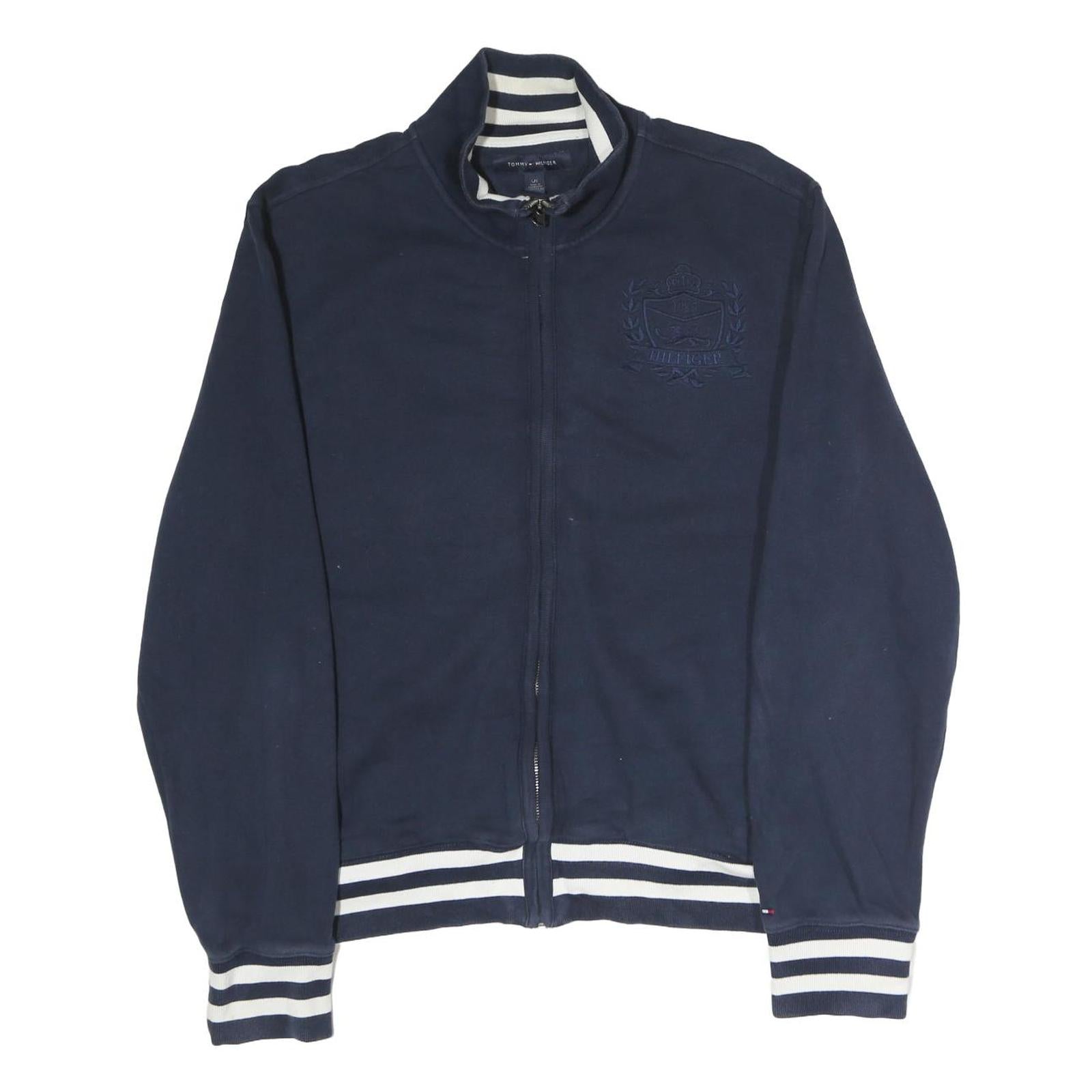 TOMMY HILFIGER Mens Navy Sweatshirt Full Zip S Striped Collar Cuffs