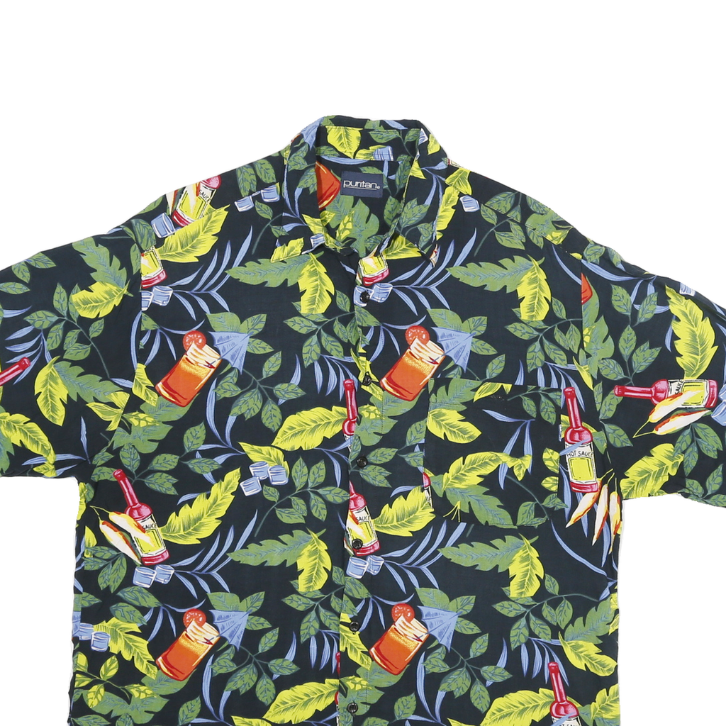 PURITAN Mens Black & Yellow Hot Sauce Print Casual Shirt L Tropical Pattern