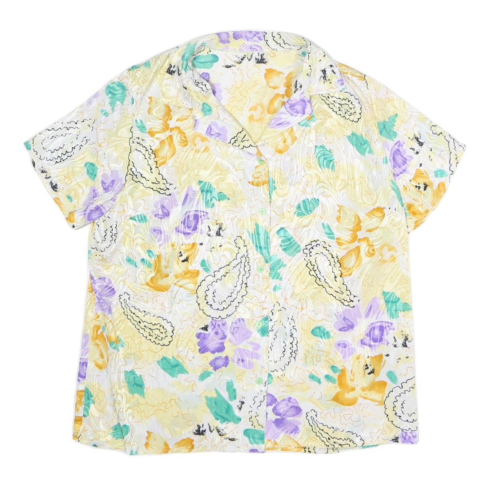 Womens White Yellow & Purple Paisley Print Top Short Sleeve Button Neck XL