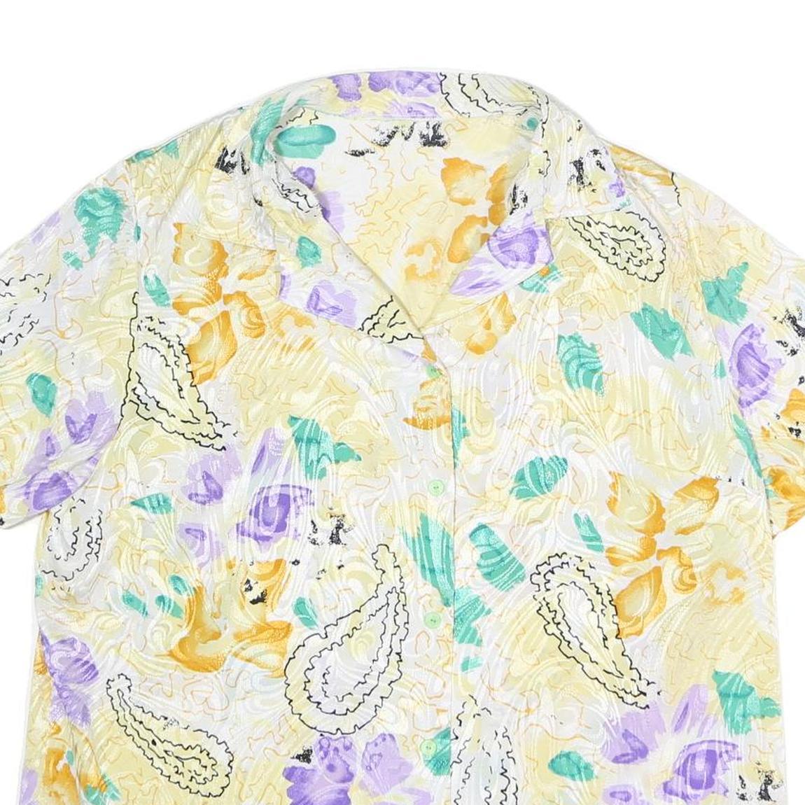 Womens White Yellow & Purple Paisley Print Top Short Sleeve Button Neck XL
