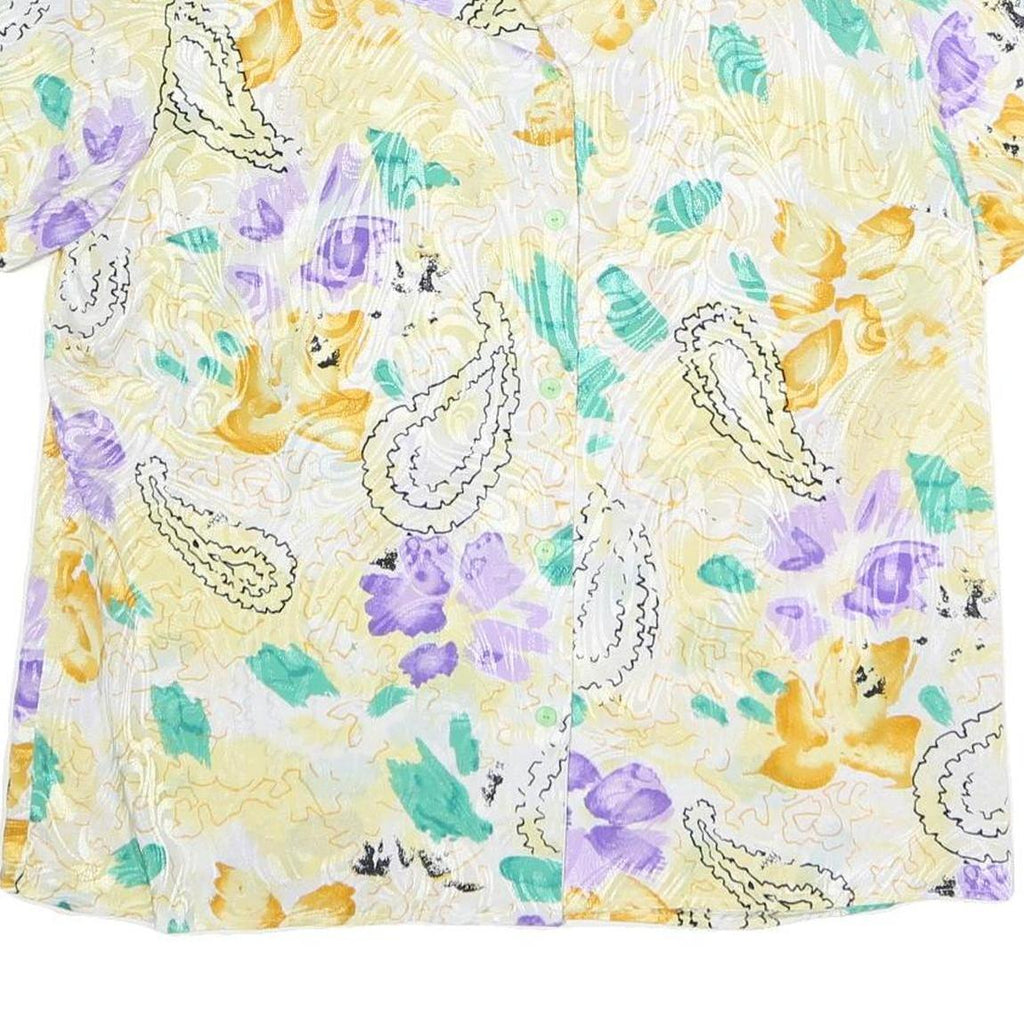 Womens White Yellow & Purple Paisley Print Top Short Sleeve Button Neck XL
