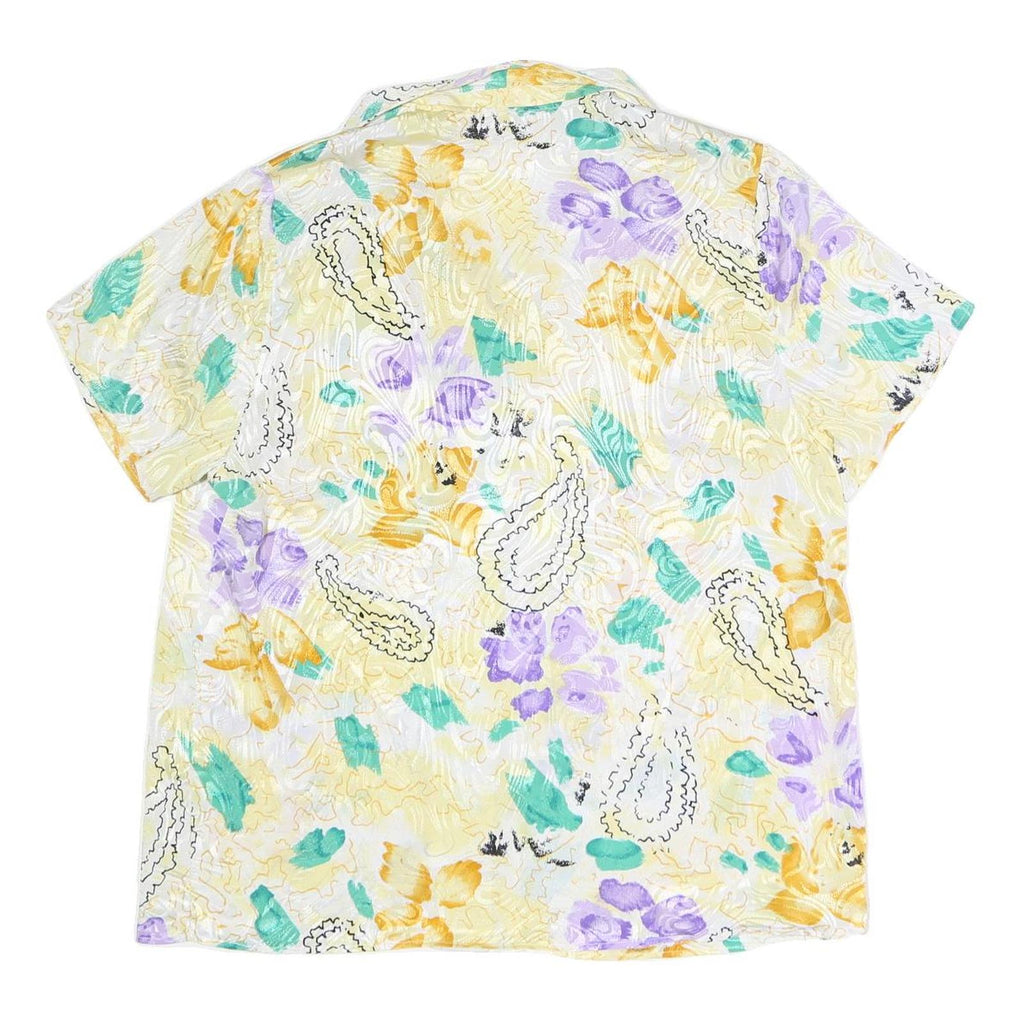 Womens White Yellow & Purple Paisley Print Top Short Sleeve Button Neck XL