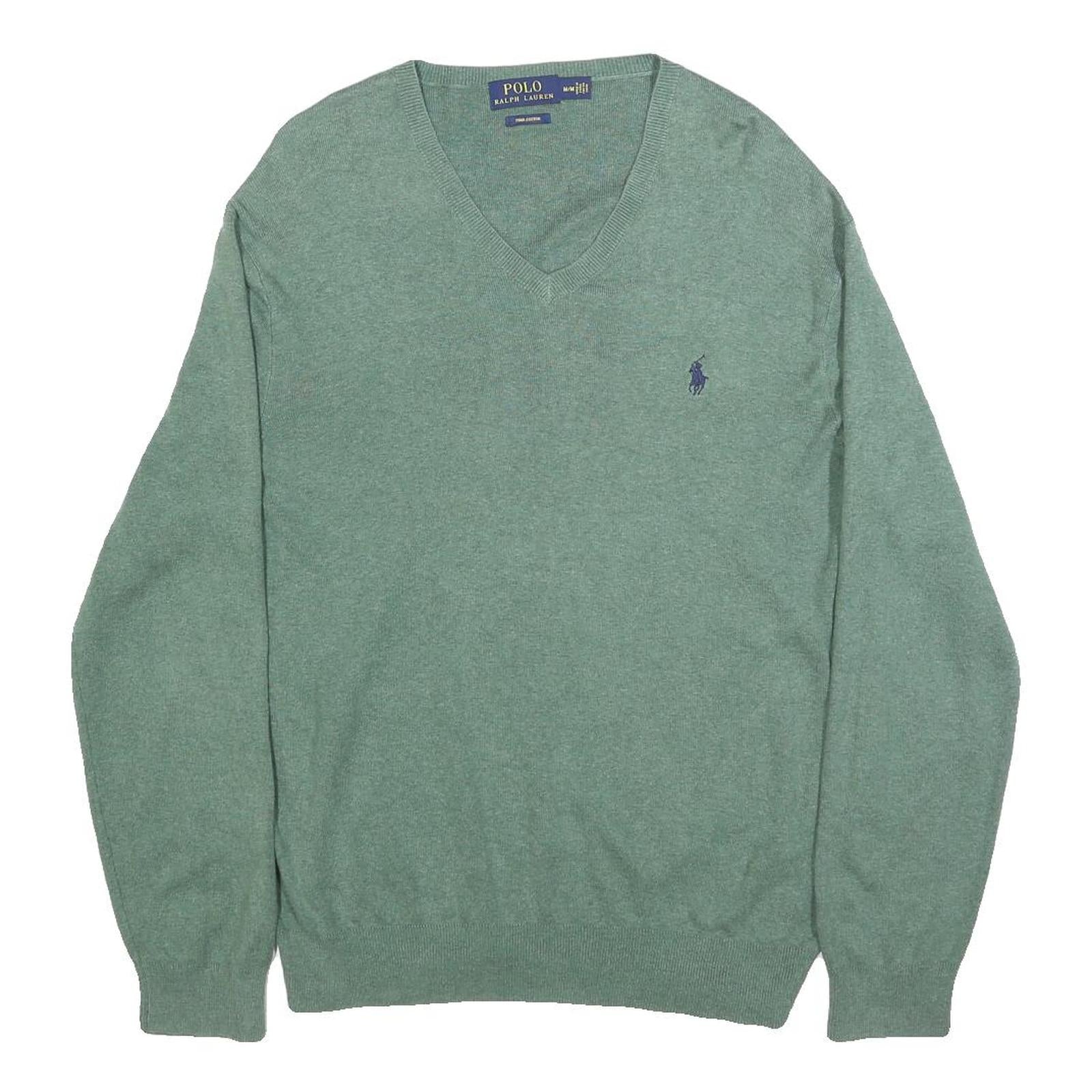 POLO RALPH LAUREN Mens Green Plain V-Neck Basic Knit Jumper M Cotton Classic