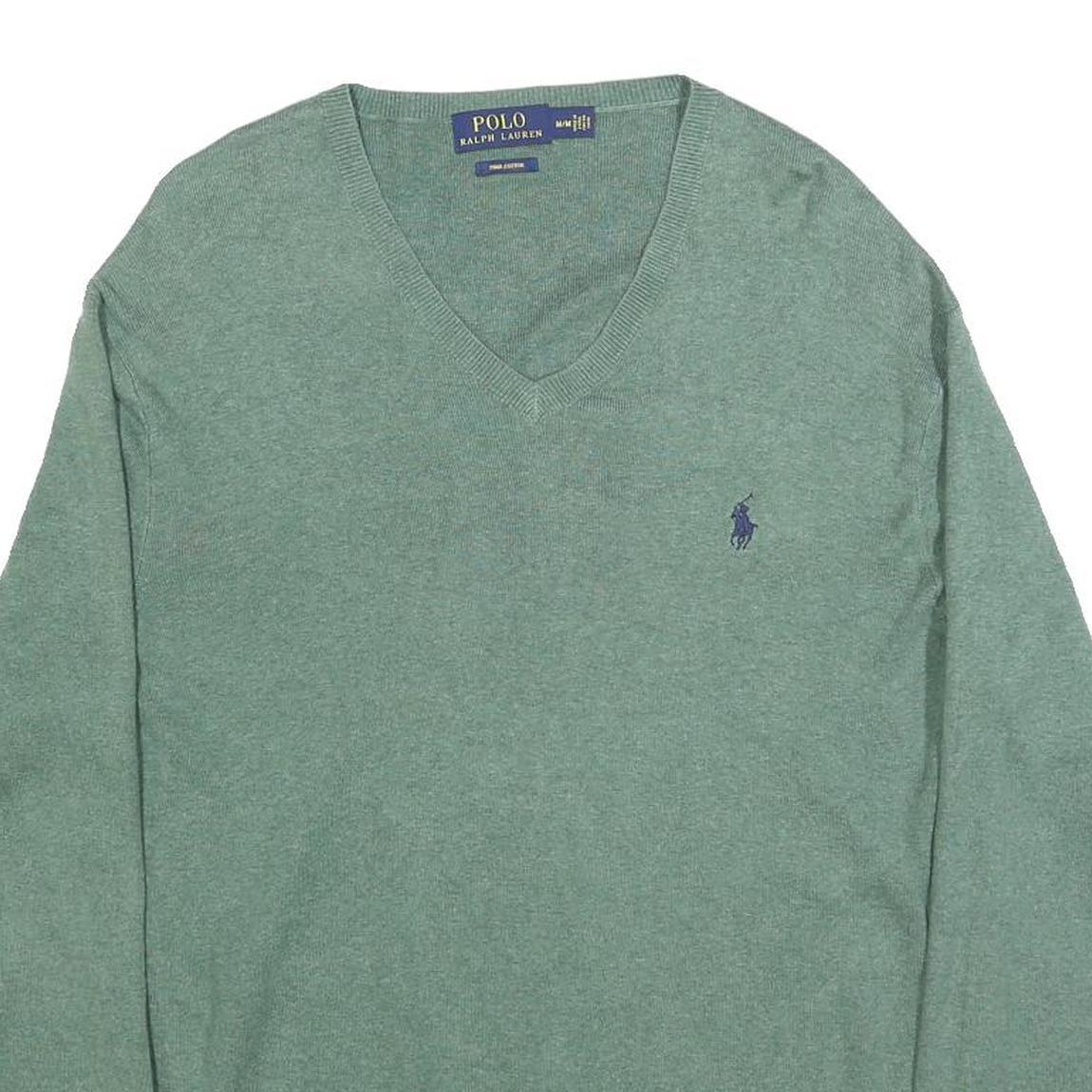 POLO RALPH LAUREN Mens Green Plain V-Neck Basic Knit Jumper M Cotton Classic