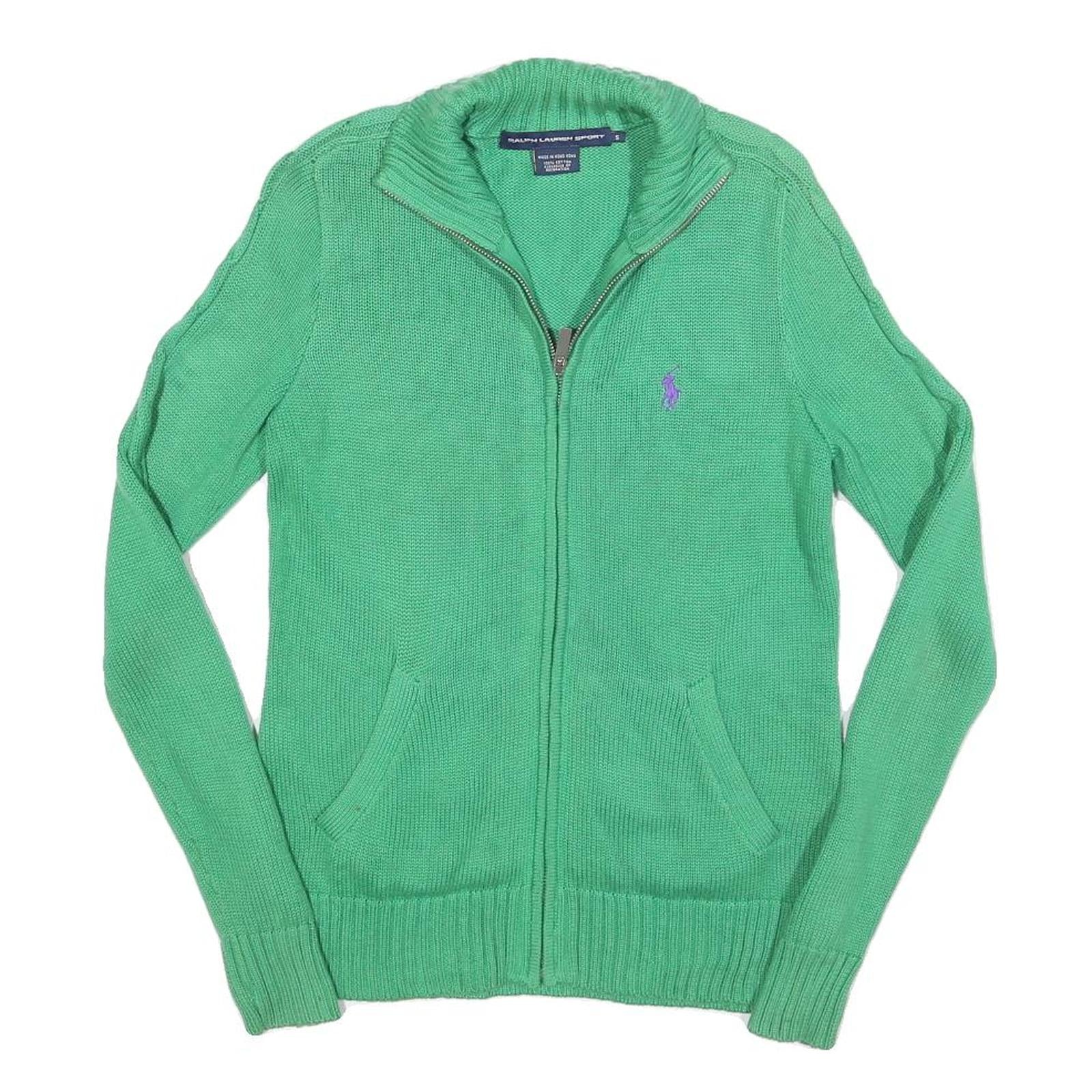 RALPH LAUREN SPORT Mens Green Cotton Patterned Jumper Full Zip Cable Knit S