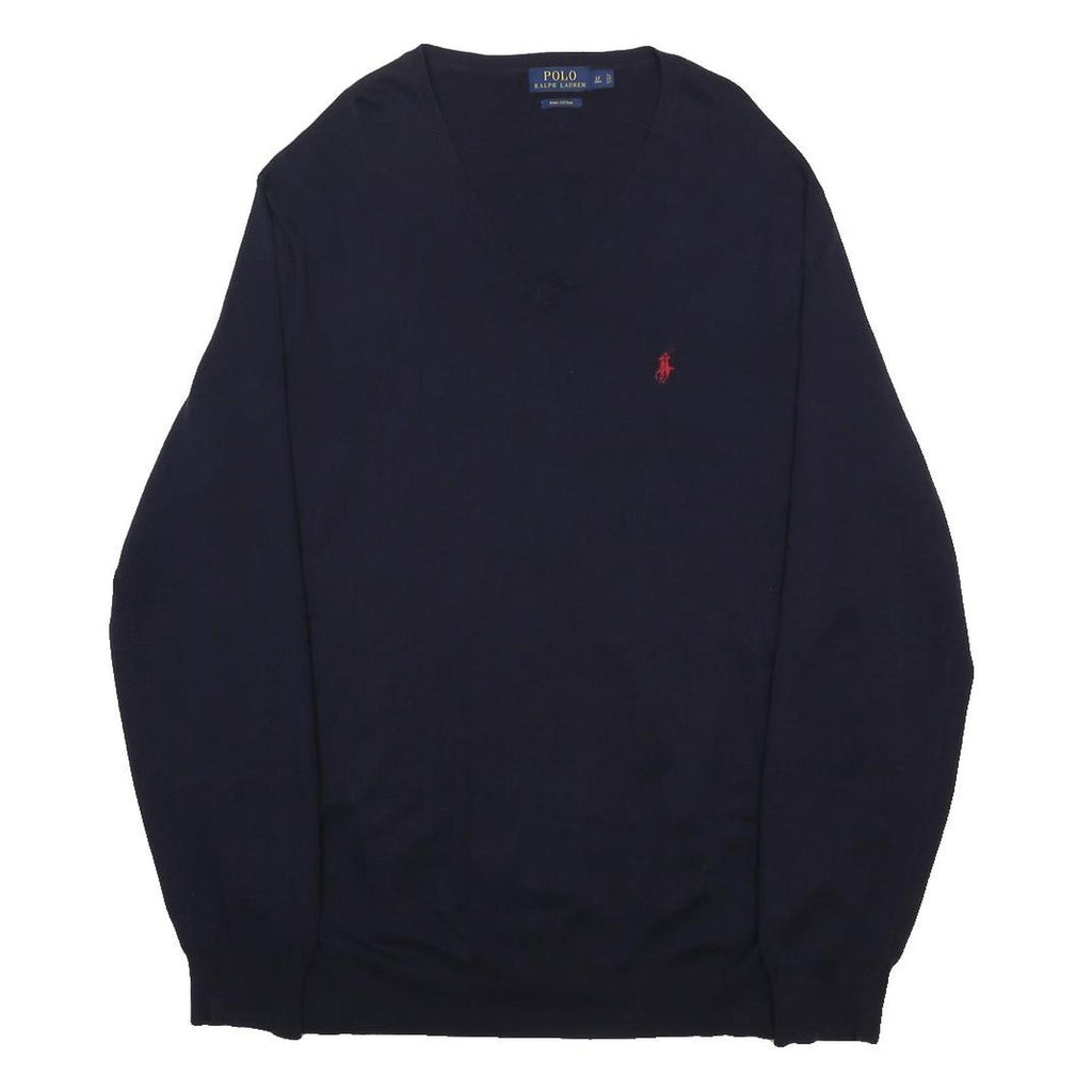 POLO RALPH LAUREN Mens Navy Blue Plain V-Neck Basic Knit L Cotton Jumper