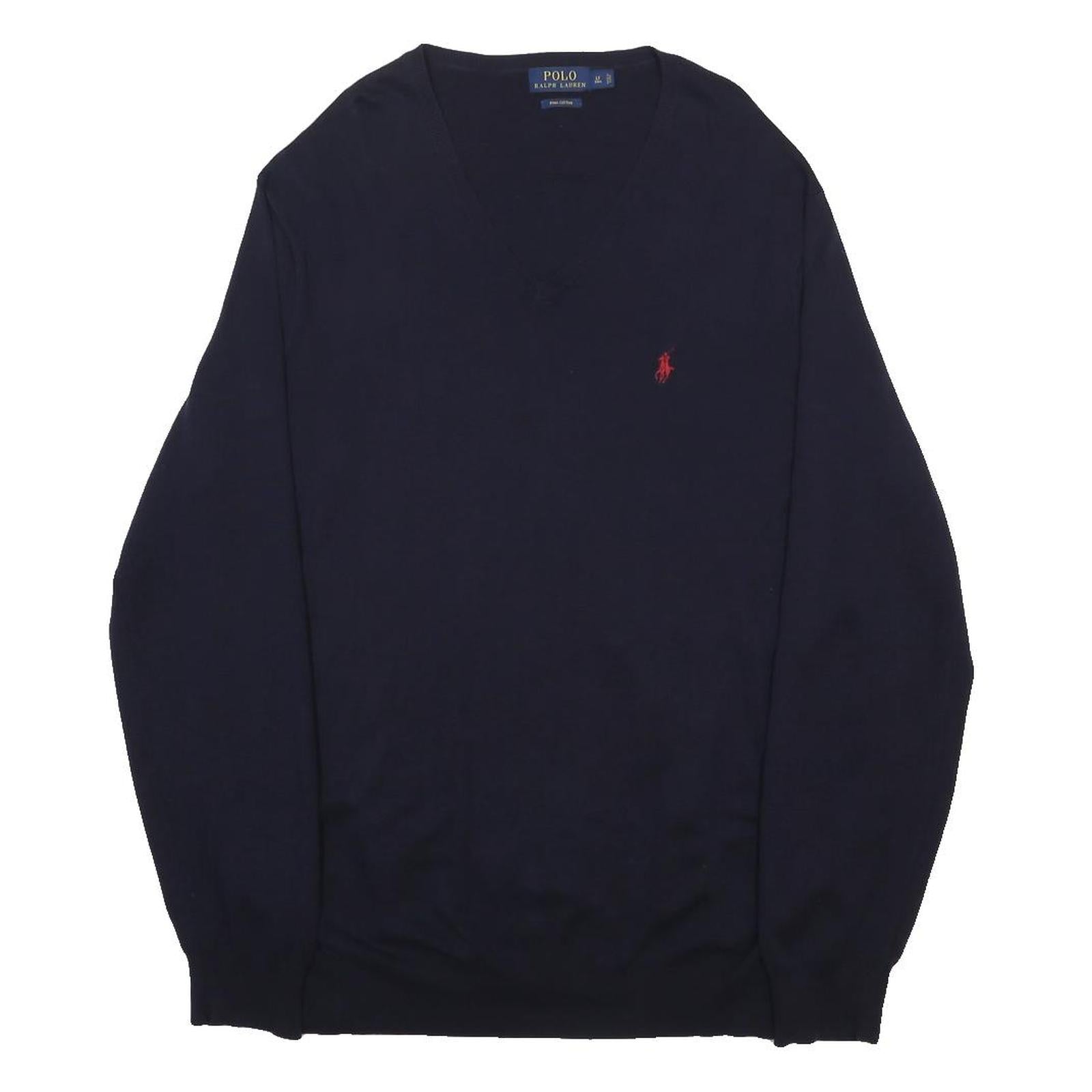 POLO RALPH LAUREN Mens Navy Blue Plain V-Neck Basic Knit L Cotton Jumper