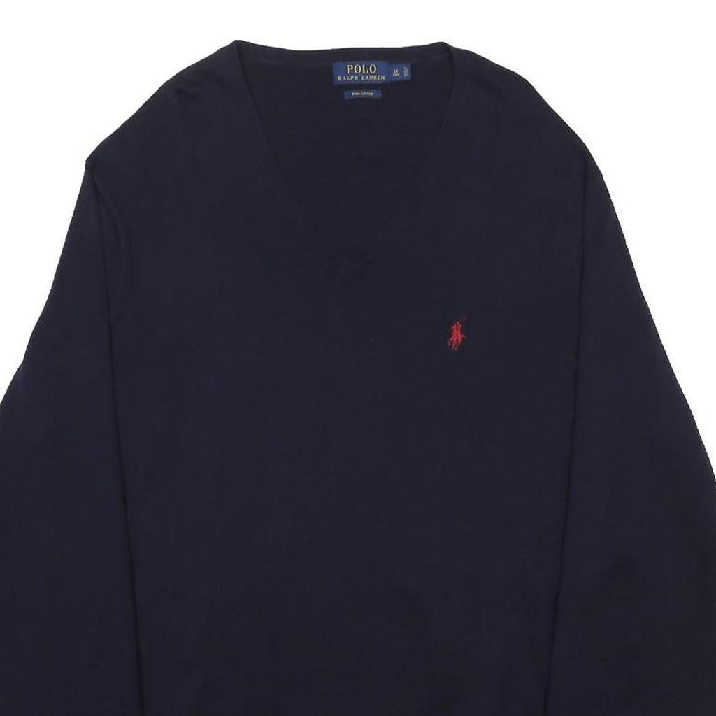 POLO RALPH LAUREN Mens Navy Blue Plain V-Neck Basic Knit L Cotton Jumper
