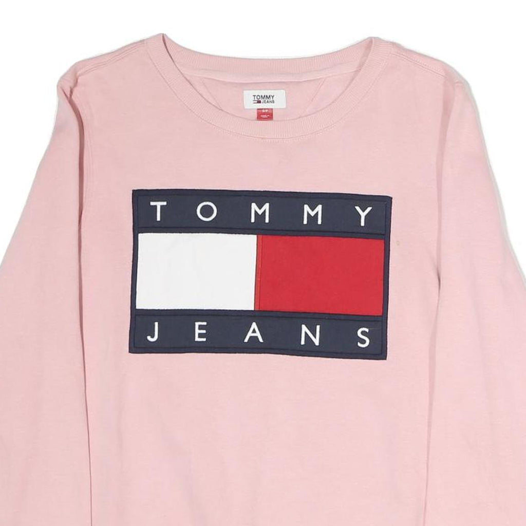 TOMMY JEANS Womens Pink Cotton Crew Neck Sweatshirt S Logo Print Casual