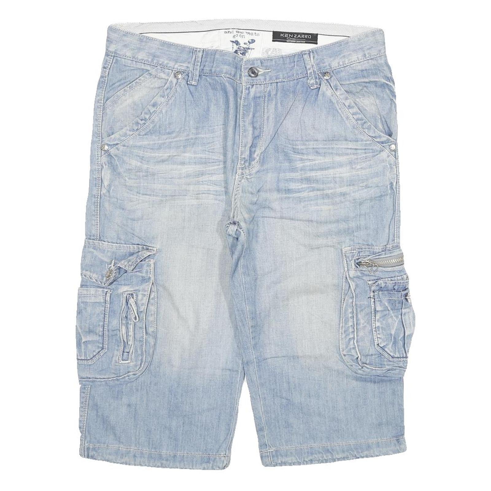 KENZARRO Mens Shorts Blue Cargo Denim 2XL W35 Cotton Blend Casual Length