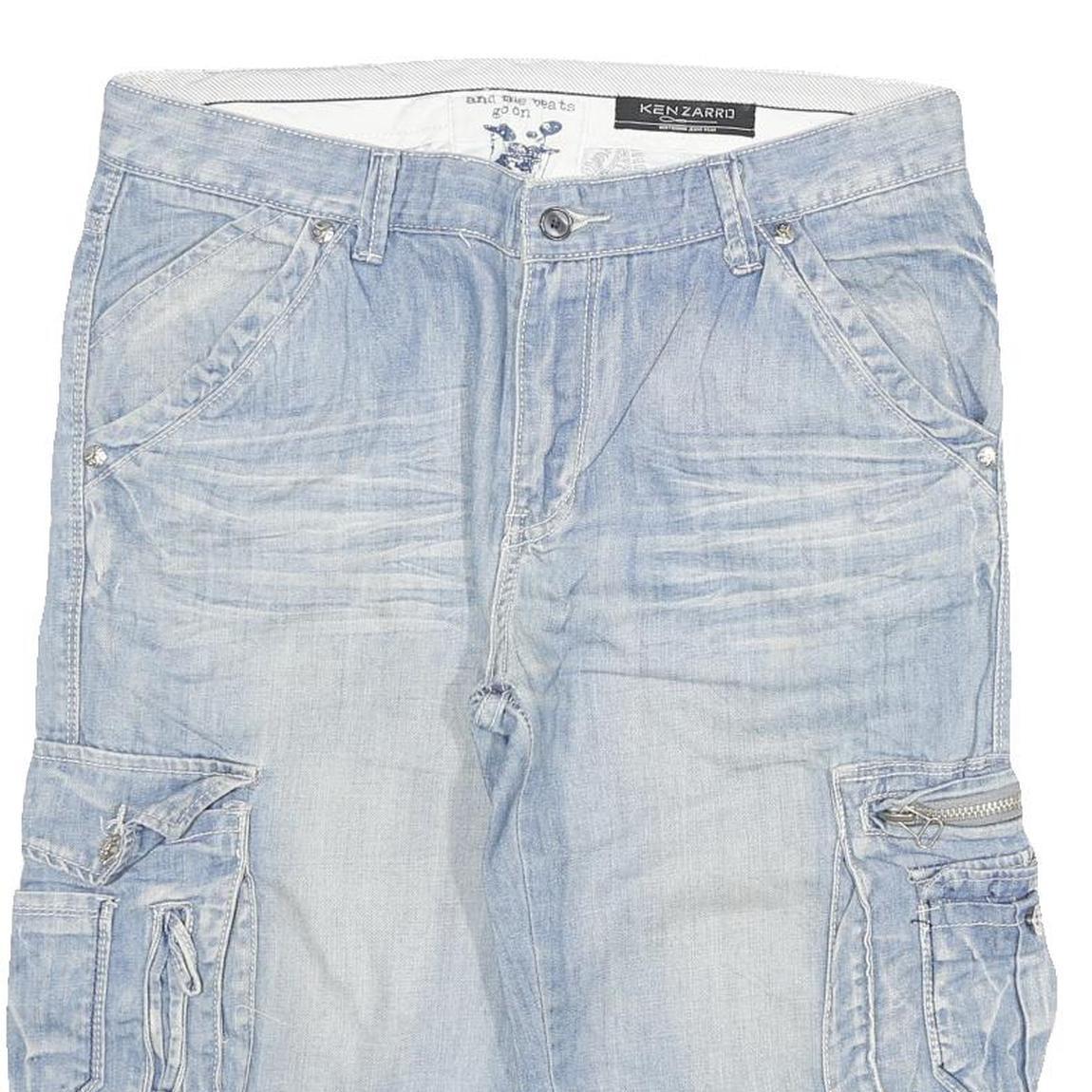 KENZARRO Mens Shorts Blue Cargo Denim 2XL W35 Cotton Blend Casual Length