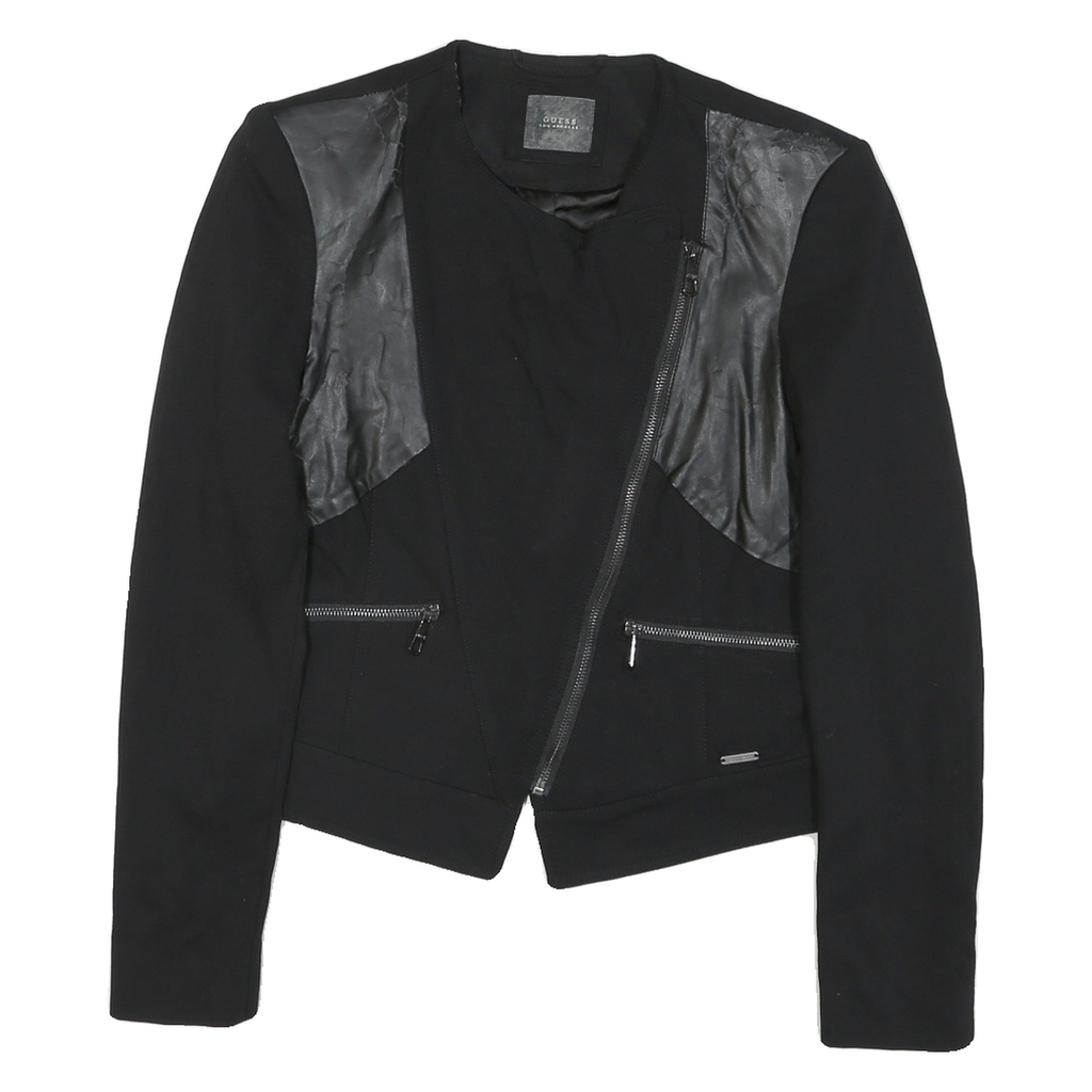 GUESS Womens Black Mixed Fabric Asymmetric Zip Jacket M Cotton Blend Leather