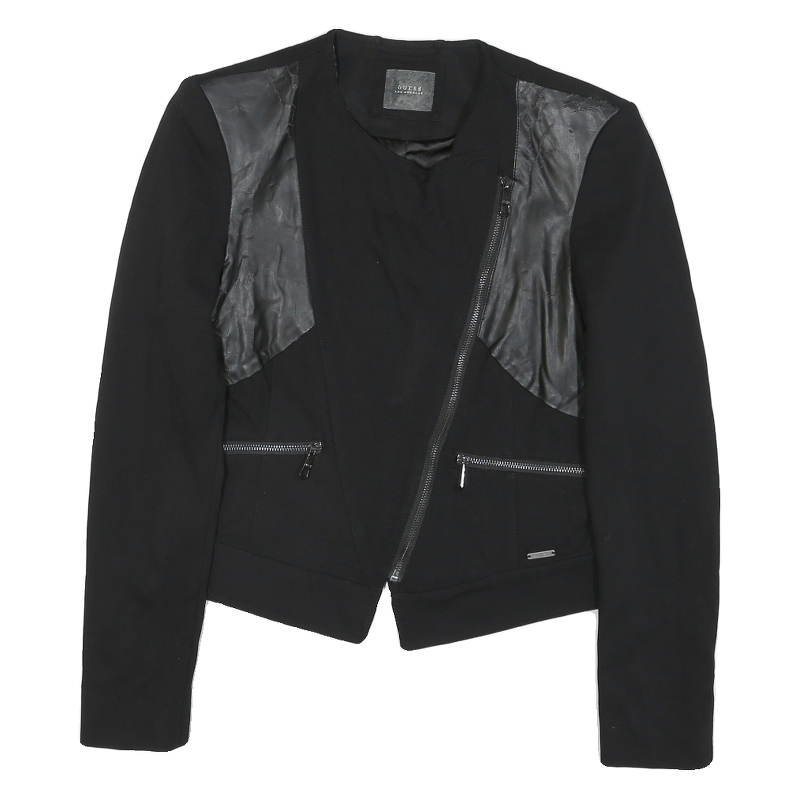 GUESS Womens Black Mixed Fabric Asymmetric Zip Jacket M Cotton Blend Leather
