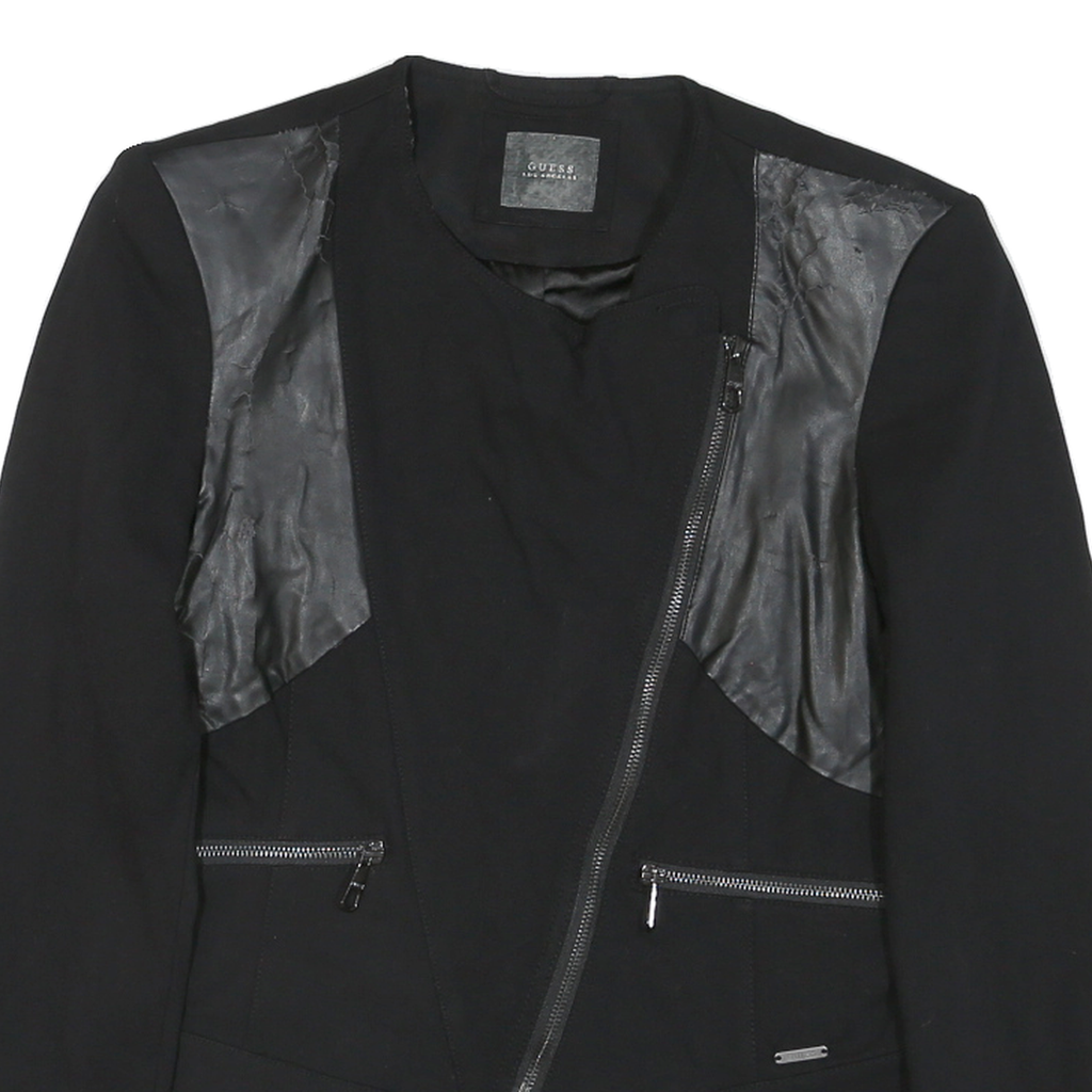 GUESS Womens Black Mixed Fabric Asymmetric Zip Jacket M Cotton Blend Leather