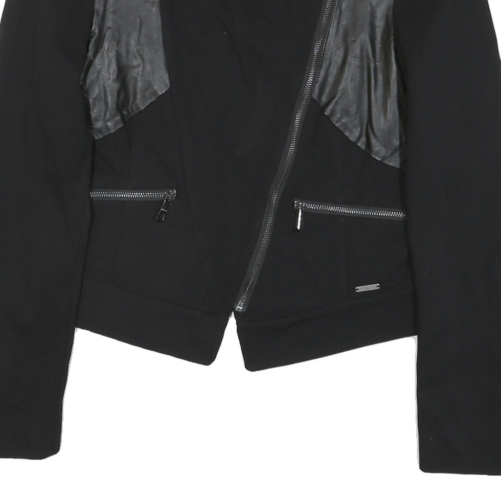 GUESS Womens Black Mixed Fabric Asymmetric Zip Jacket M Cotton Blend Leather