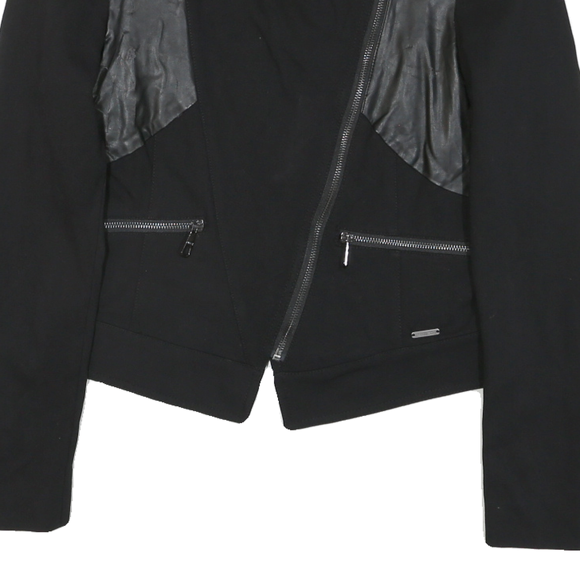 GUESS Womens Black Mixed Fabric Asymmetric Zip Jacket M Cotton Blend Leather