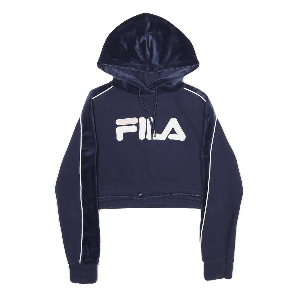 FILA Womens Navy Blue Velvet Panel Pullover Hoodie XXS Cropped Sweatshirt
