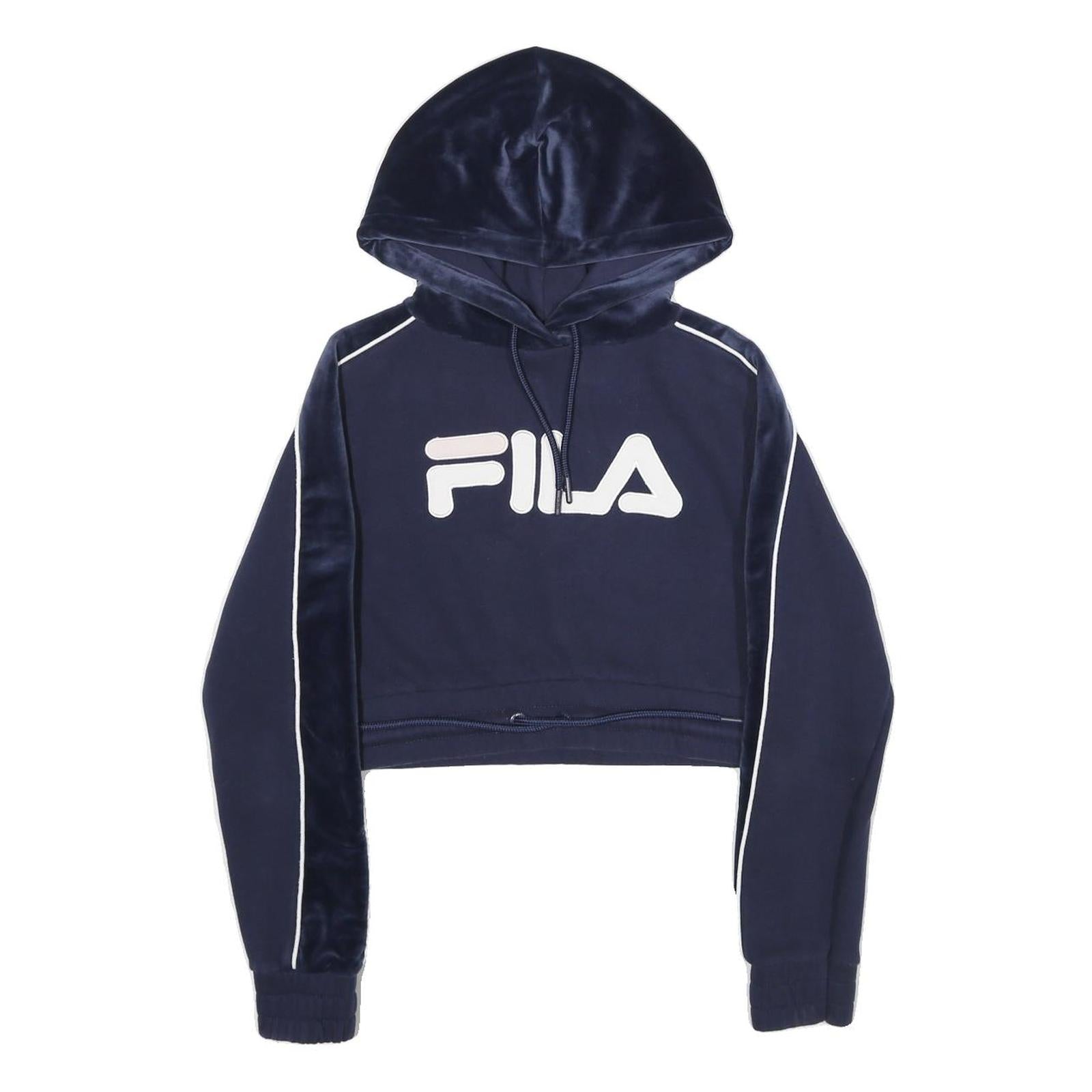 FILA Womens Navy Blue Velvet Panel Pullover Hoodie XXS Cropped Sweatshirt