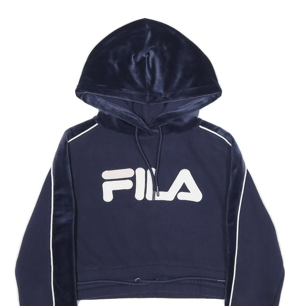 FILA Womens Navy Blue Velvet Panel Pullover Hoodie XXS Cropped Sweatshirt