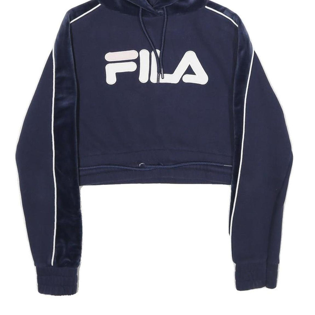 FILA Womens Navy Blue Velvet Panel Pullover Hoodie XXS Cropped Sweatshirt
