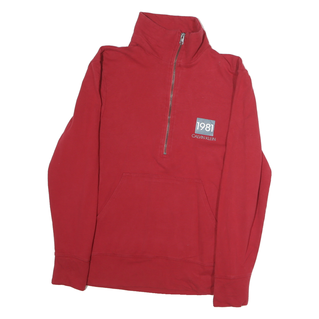 CALVIN KLEIN Mens Red 1/4 Zip Sweatshirt S Cotton Pullover Casual Outerwear