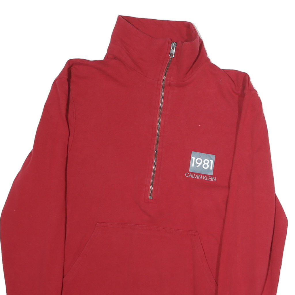CALVIN KLEIN Mens Red 1/4 Zip Sweatshirt S Cotton Pullover Casual Outerwear