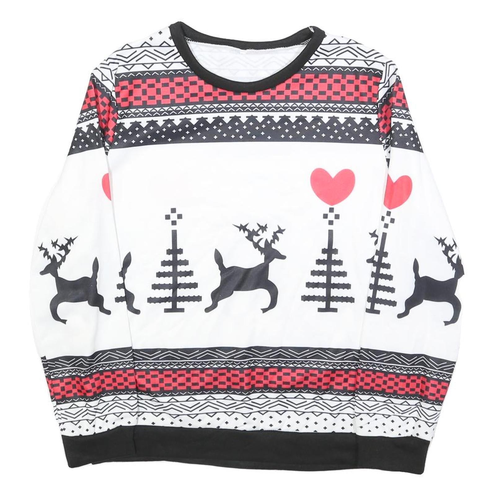 Womens White Black & Red Pattern Sweatshirt Crew Neck M Christmas Holiday