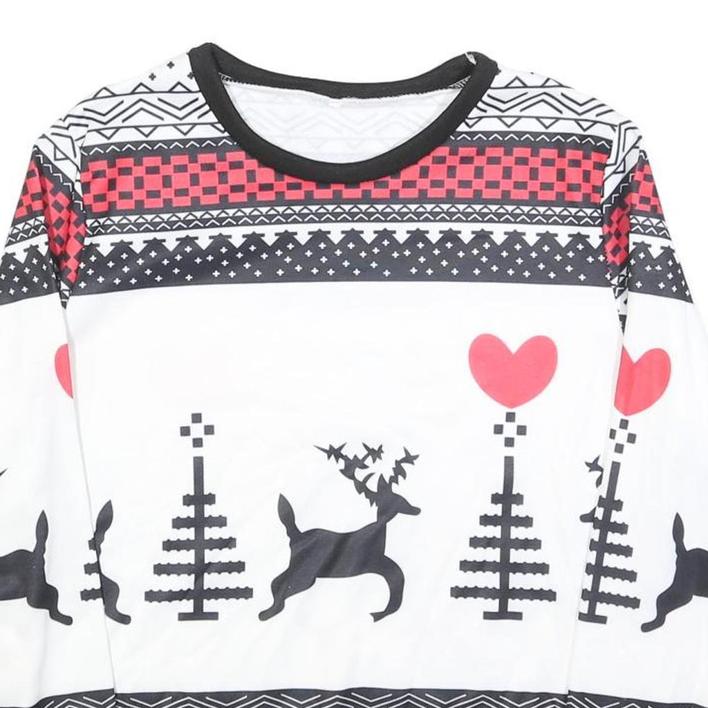 Womens White Black & Red Pattern Sweatshirt Crew Neck M Christmas Holiday