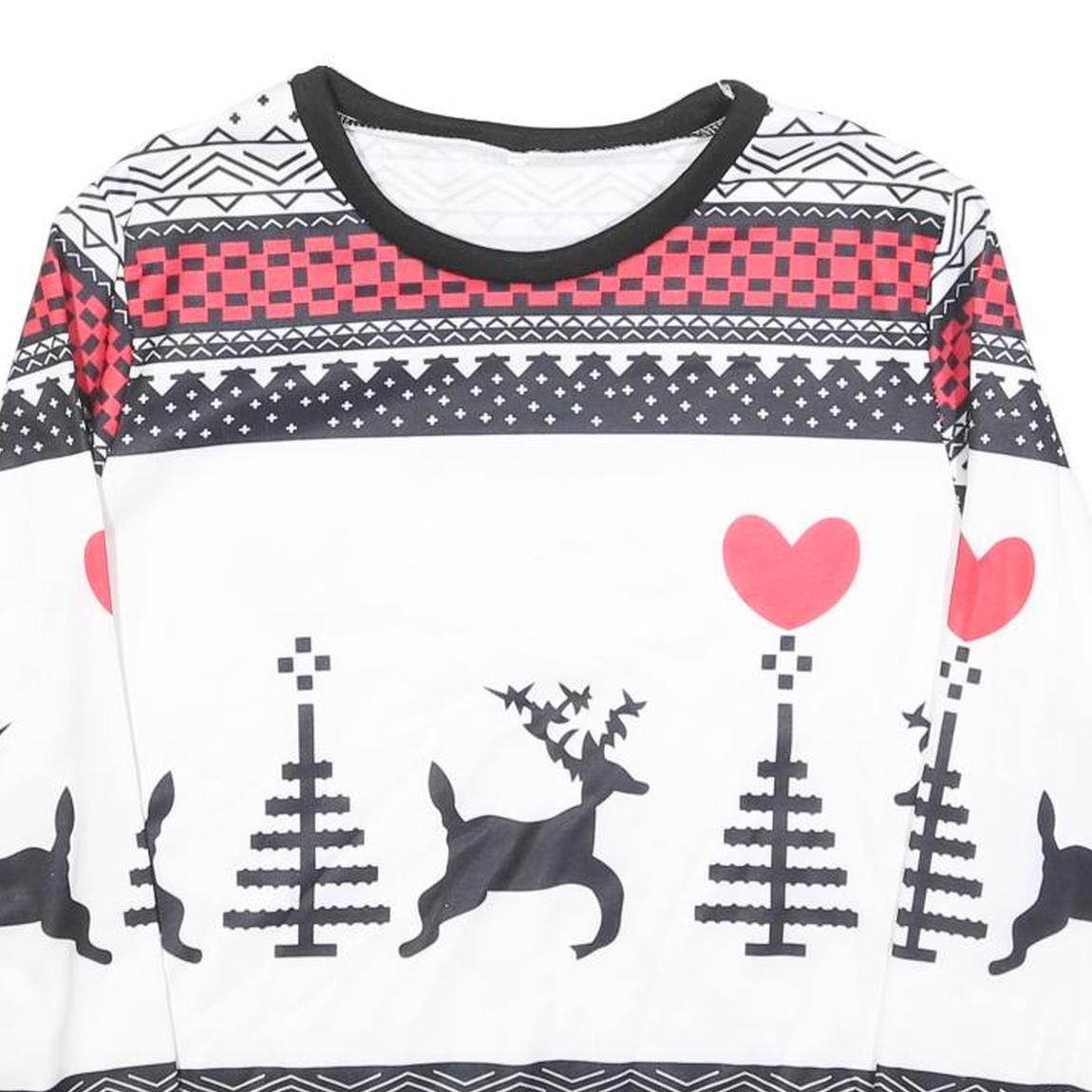 Womens White Black & Red Pattern Sweatshirt Crew Neck M Christmas Holiday
