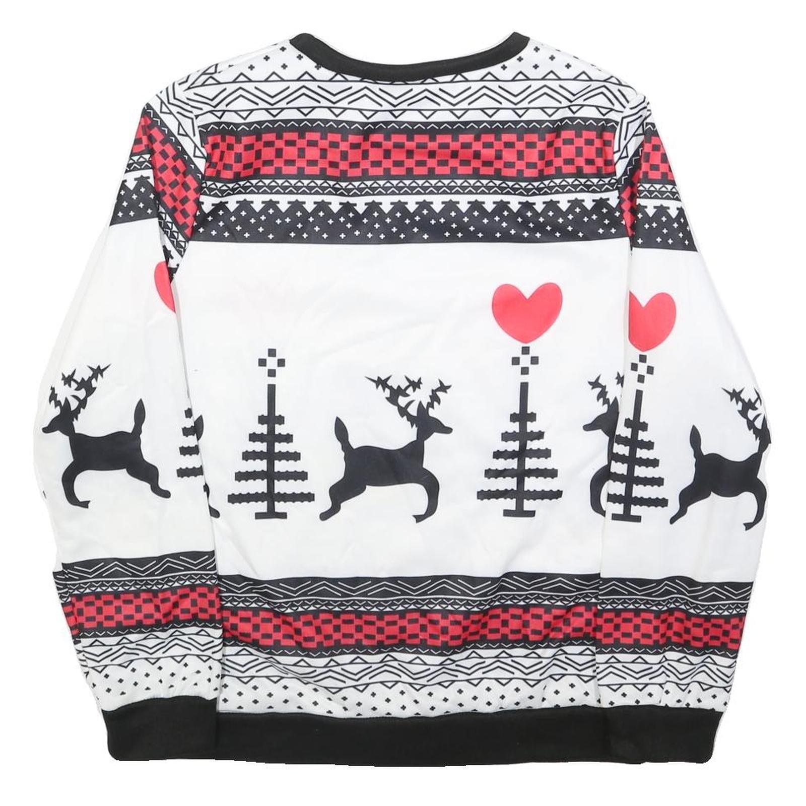Womens White Black & Red Pattern Sweatshirt Crew Neck M Christmas Holiday
