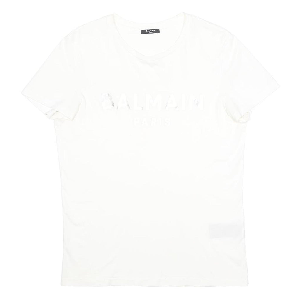 BALMAIN Mens White Graphic T-Shirt M Short Sleeve Crew Neck Cotton Jersey Logo