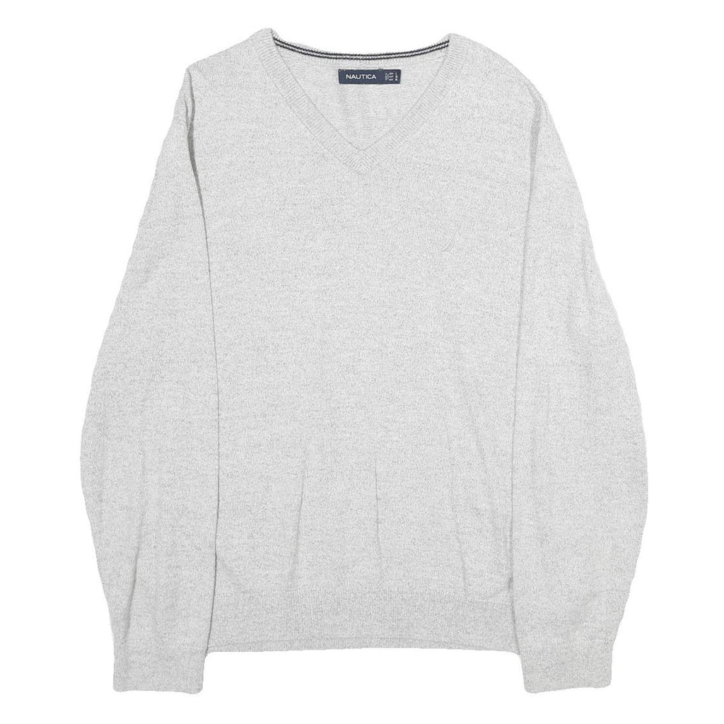 NAUTICA Mens Grey Plain Cotton Jumper V Neck Basic Knit L Casual Comfortable