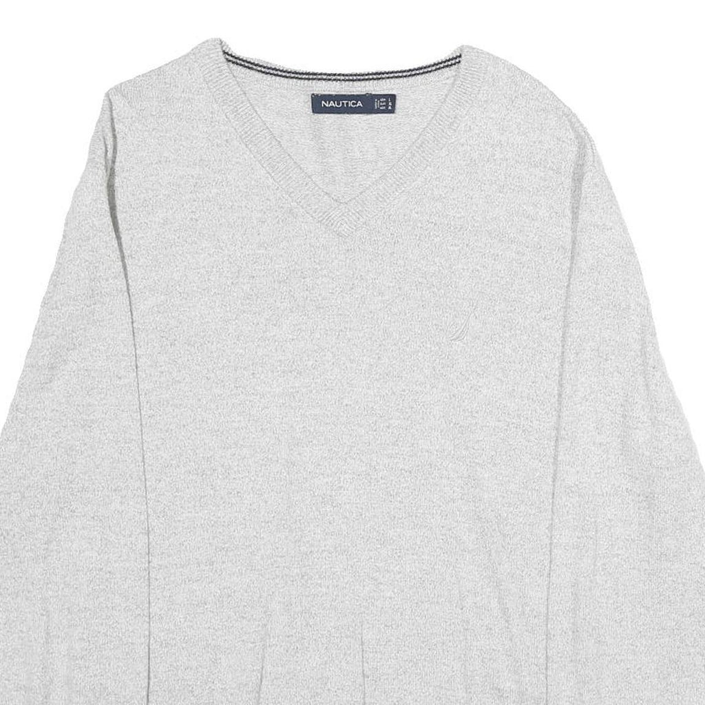 NAUTICA Mens Grey Plain Cotton Jumper V Neck Basic Knit L Casual Comfortable