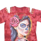 Womens Red Cotton Blend Printed Cold Shoulder Short Sleeve Round Neck Top L