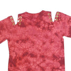 Womens Red Cotton Blend Printed Cold Shoulder Short Sleeve Round Neck Top L