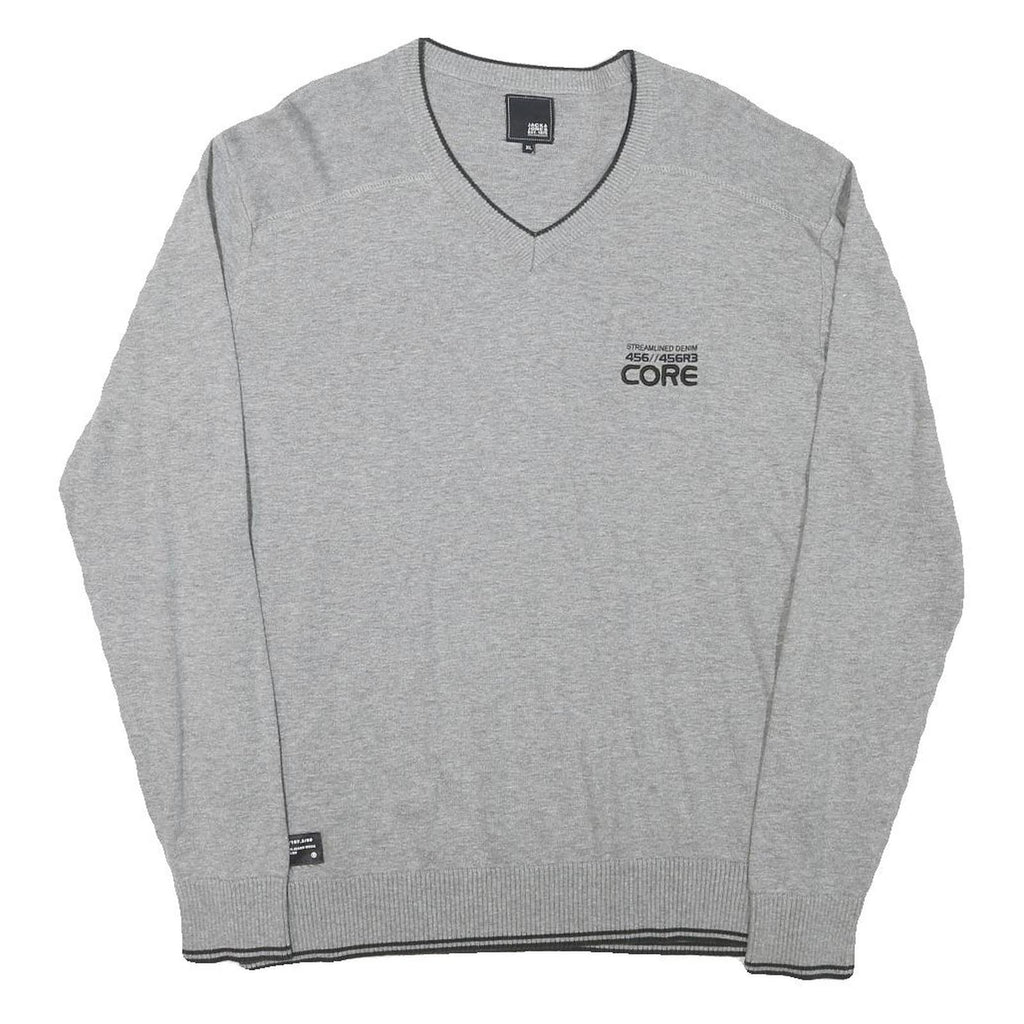 JACK AND JONES Mens Grey Core Patterned Cotton Blend V-Neck Jumper XL Casual