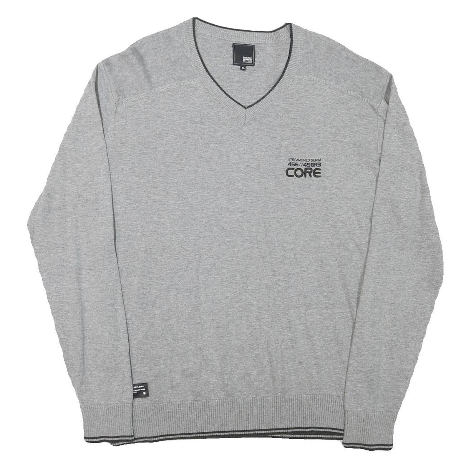 JACK AND JONES Mens Grey Core Patterned Cotton Blend V-Neck Jumper XL Casual