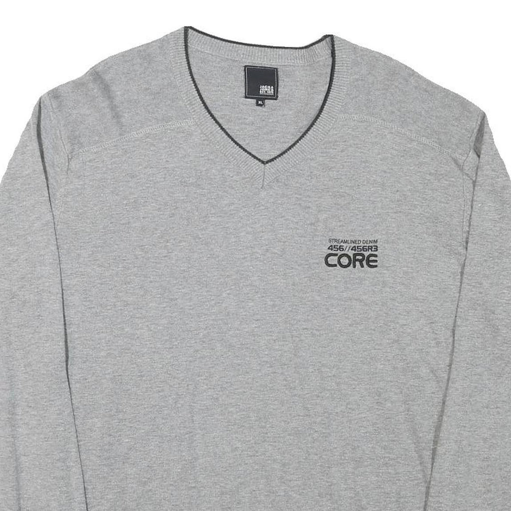 JACK AND JONES Mens Grey Core Patterned Cotton Blend V-Neck Jumper XL Casual